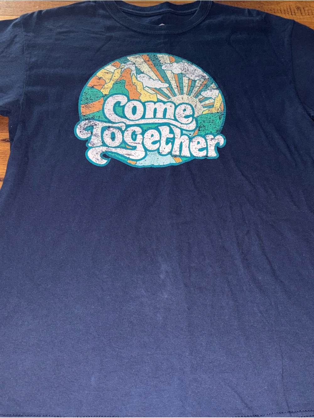 Dom "Come Together" Retro 70s Distressed Graphic T-Shirt Navy Blue - Size M
